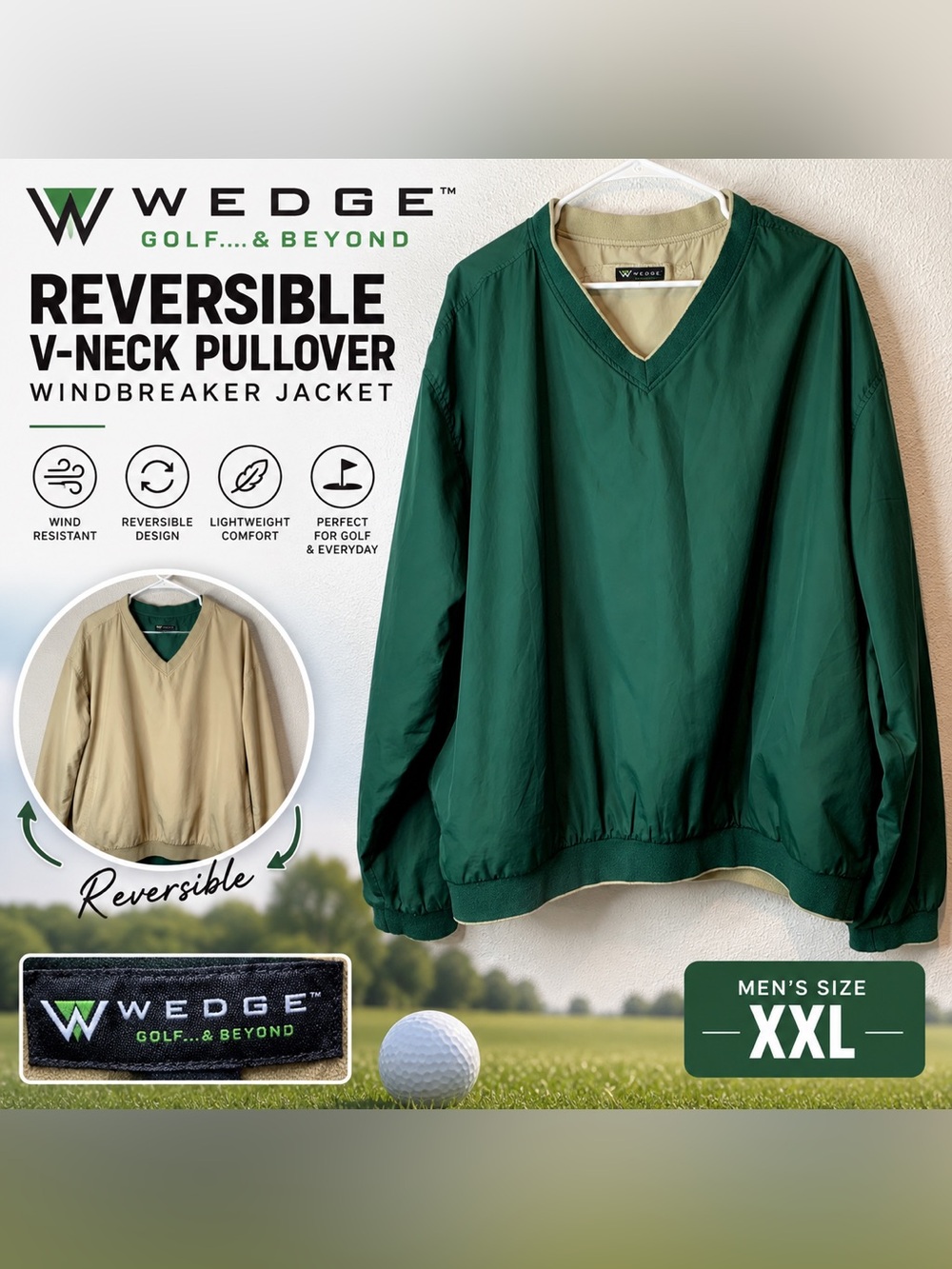 Wedge Golf Reversible V-Neck Pullover Windbreaker Jacket Men’s XXL Green Tan